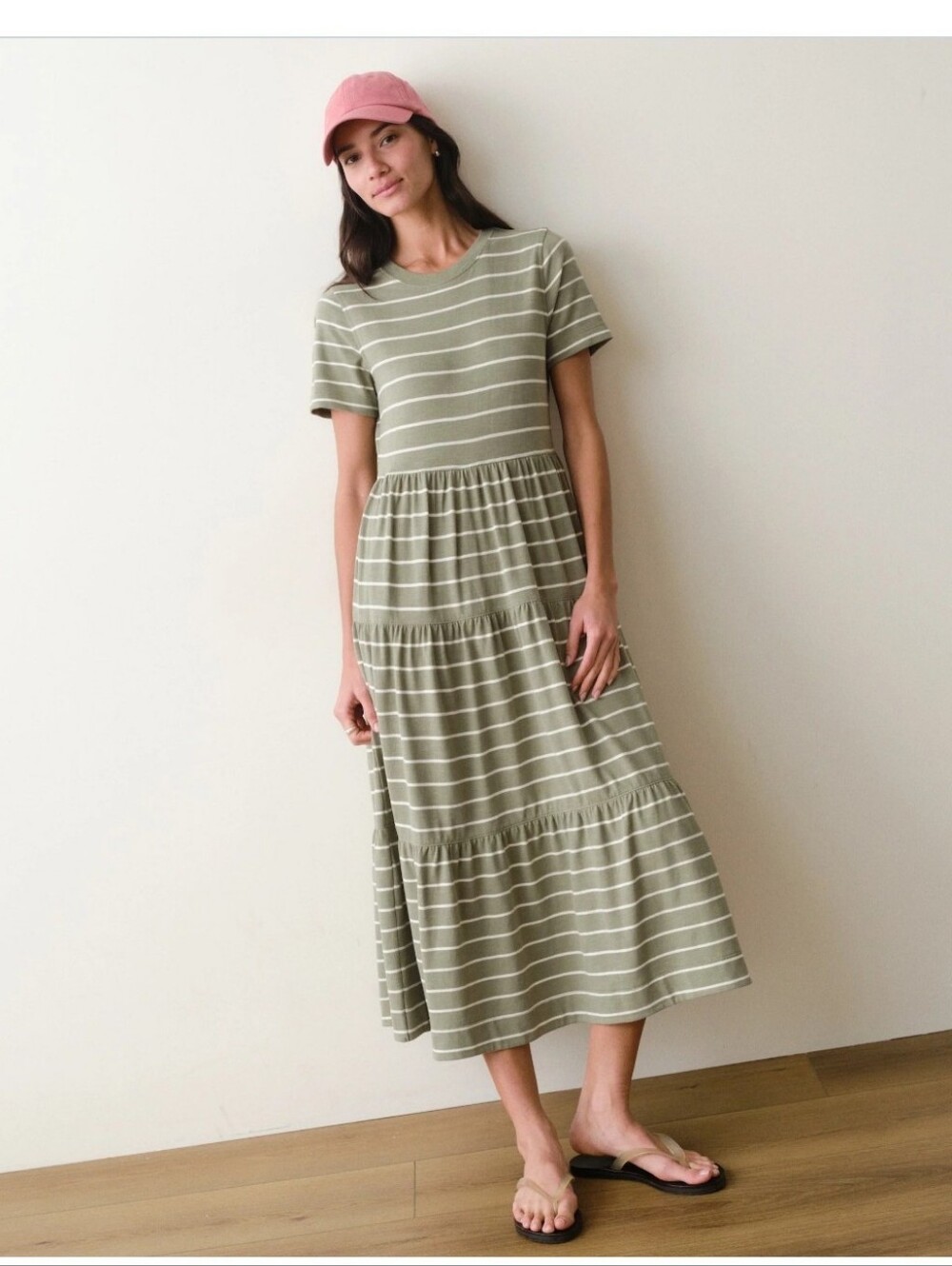 Marine Layer Tiered Sueded Striped Green Midi Dress L Large 100% Cotton